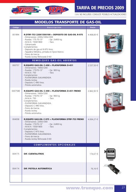 Tarifa de precios Trunque