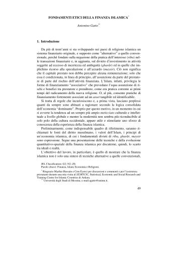 FONDAMENTI ETICI DELLA FINANZA ISLAMICA 1. Introduzione
