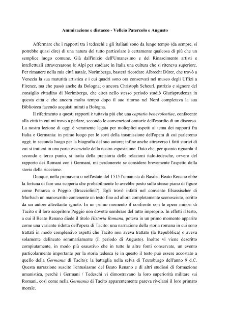 Ammirazione e distacco Velleio Patercolo e Augusto Kirke