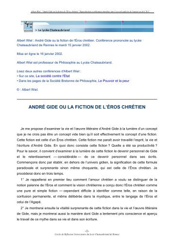 André Gide ou la fiction de l'Éros chrétien - Lycée Chateaubriand