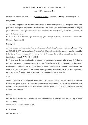 Docente: Andrea Luzzi (Civiltà bizantina – L-FIL-LET/07) - Lettere e ...