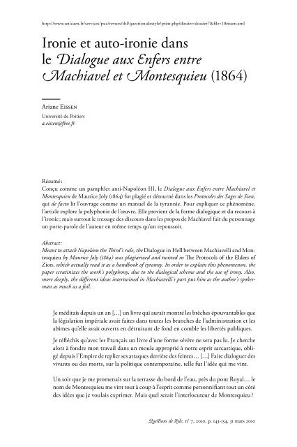 Ironie Et Auto Ironie Dans Le Dialogue Aux Enfers Entre Machiavel Et