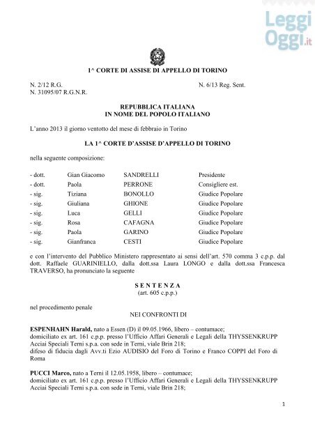 1^ CORTE DI ASSISE DI APPELLO DI TORINO N. 2/12 ... - LeggiOggi