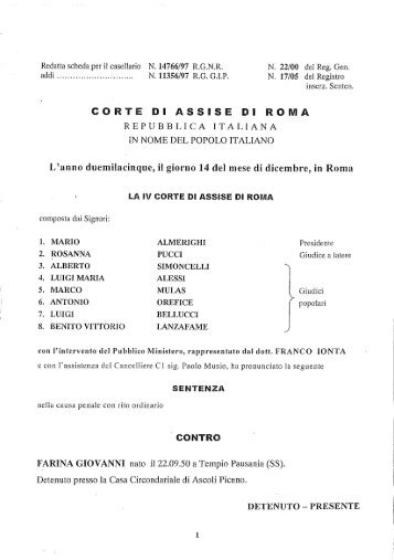 Redatta scheda per il casellario N. 14766/97 RGNR - Notte Criminale
