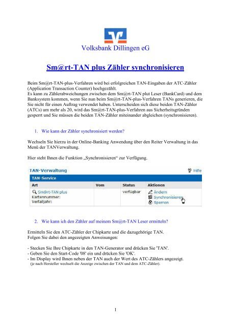 Sm@rt-TAN plus Zähler synchronisieren - Volksbank Dillingen eG