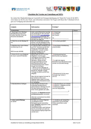 Checkliste für Vereine zur Umstellung auf SEPAx - Volksbank Erft eG