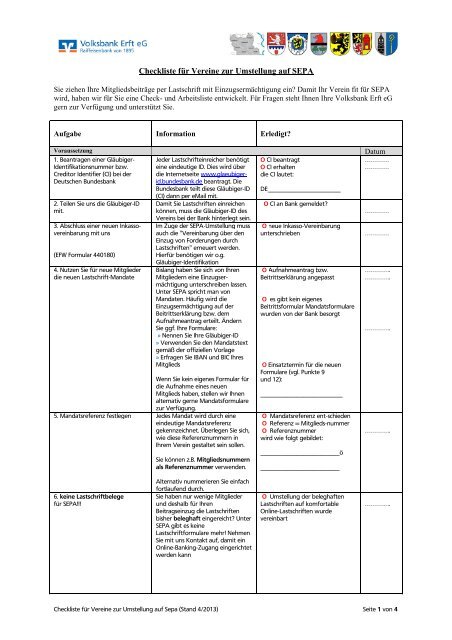 Checkliste für Vereine zur Umstellung auf SEPAx - Volksbank Erft eG