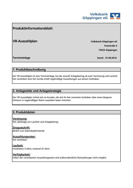 Produktinformationsblatt VR-Auszahlplan - Volksbank Göppingen eG