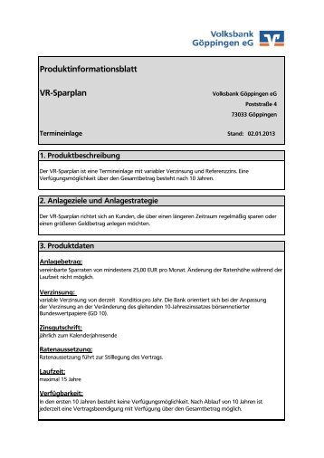 Produktinformationsblatt VR-Sparplan - Volksbank Göppingen eG