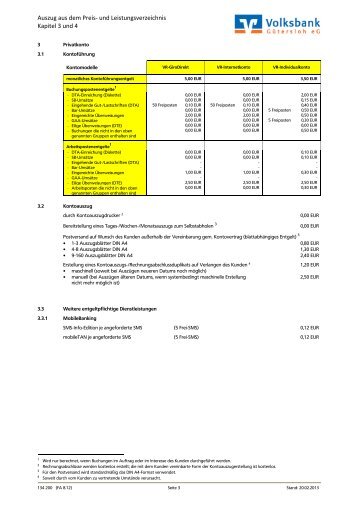 Auszug Preis- und Leistungsverzeichnis - Volksbank Gütersloh eG