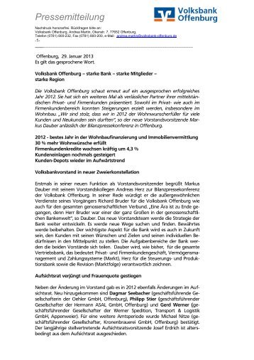 Pressemitteilung - Volksbank Offenburg eG