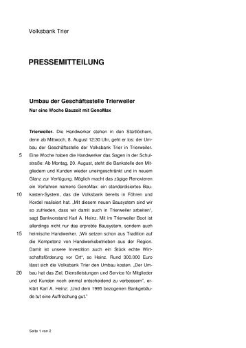 Umbau der Geschäftsstelle Trierweiler - Volksbank Trier eG