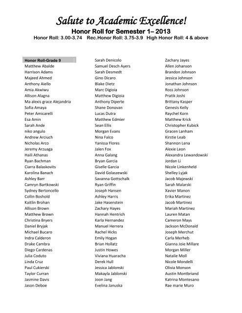 Salute to Academic Excellence! Honor Roll for Semester 1– 2013