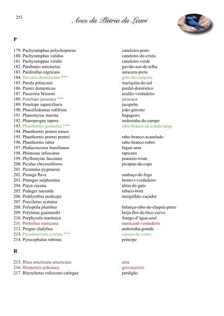 Aves da Pátria da Leari - Sociedade Brasileira de Ornitologia