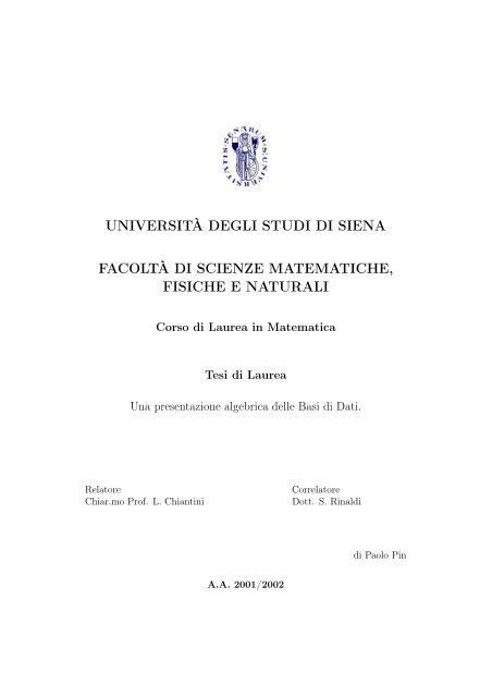 università degli studi di siena facoltà di scienze matematiche, fisiche ...