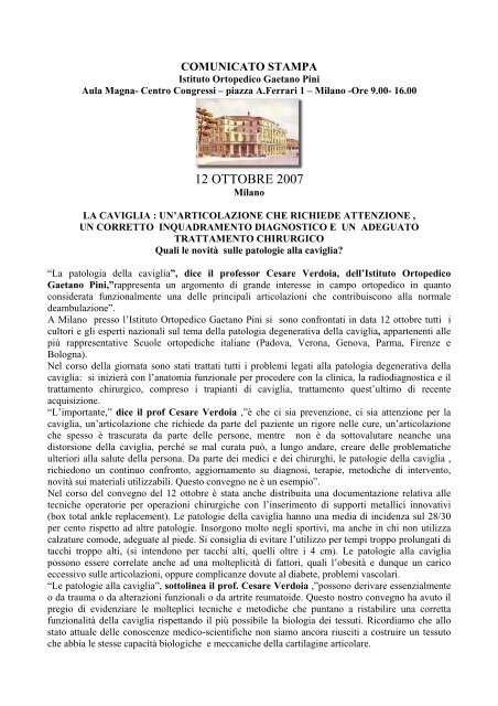 COMUNICATO STAMPA - Istituto ortopedico Gaetano Pini