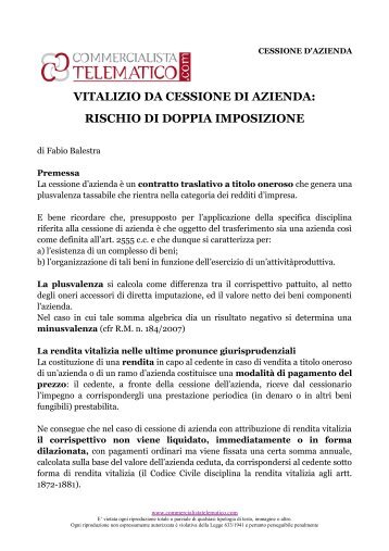 cessione di azienda con rendita vitalizia - Schedariofiscale.it