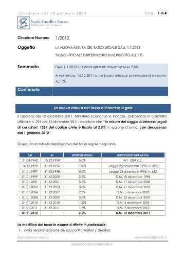 La nuova misura del tasso dint legale dal 112012 ... - Studio Brunello