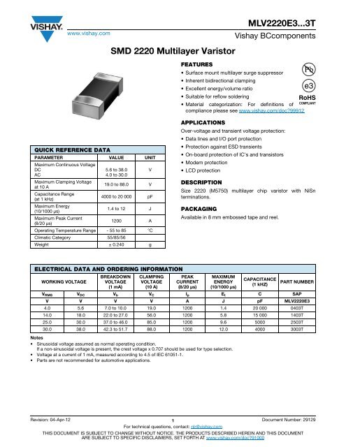 Mlv22e3 3t Smd 22 Multilayer Varistor Vishay