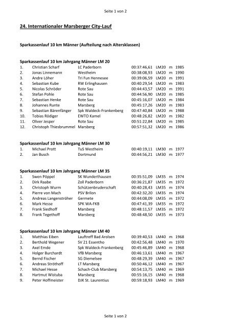 Sparkassenlauf 10 km Männer Altersklassen - Volksbank Marsberg eG