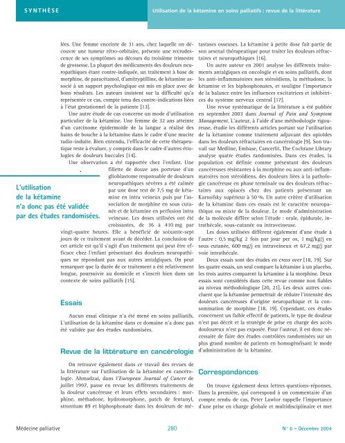 Utilisation de la kétamine en soins palliatifs : revue de la littérature