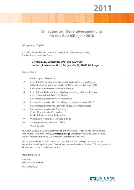Geschäftsjahr 2010 (PDF-Datei) - VR BANK Dinklage-Steinfeld eG