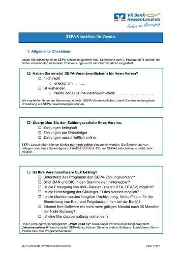 SEPA-Checkliste für Vereine - VR Bank HessenLand eG