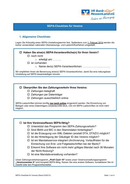 SEPA-Checkliste für Vereine - VR Bank HessenLand eG