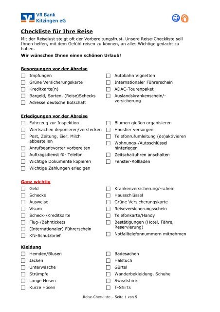 Checkliste für Ihre Reise - VR Bank Kitzingen eG