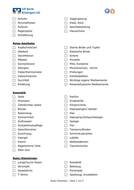 Checkliste für Ihre Reise - VR Bank Kitzingen eG