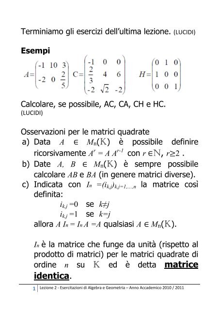 Esercitazioni di Algebra e Geometria - Lezione 2