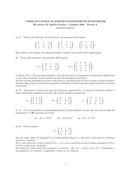 algebra lineare tracce d'esame - Dipartimento di Scienze Economiche