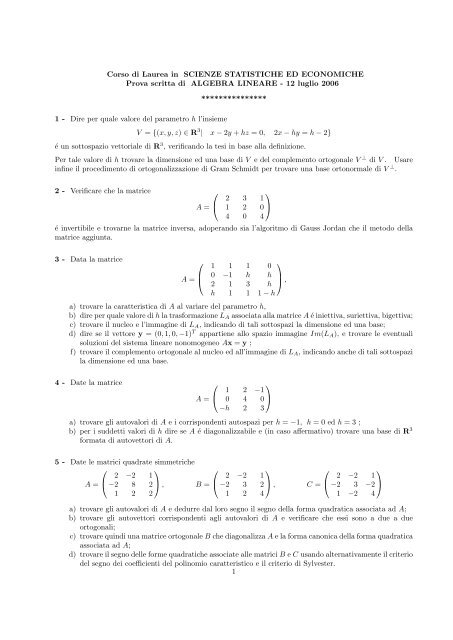 algebra lineare tracce d'esame - Dipartimento di Scienze Economiche