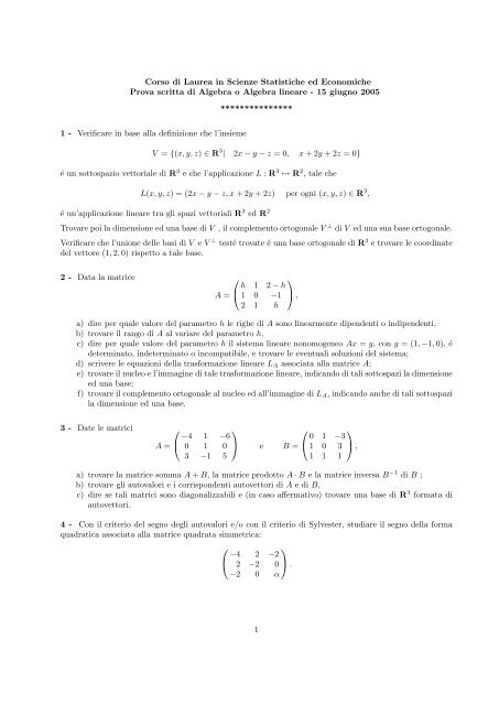 algebra lineare tracce d'esame - Dipartimento di Scienze Economiche