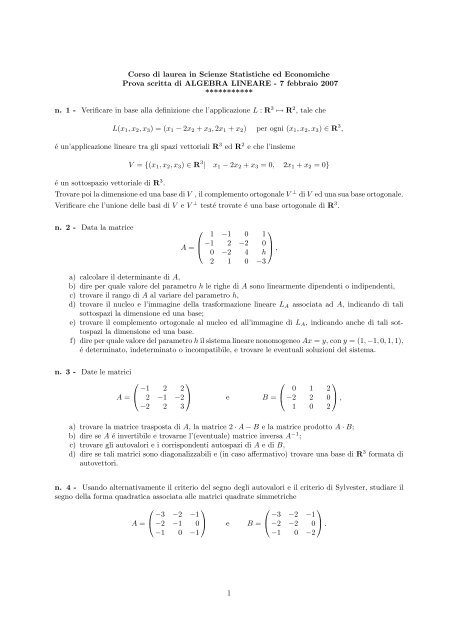 algebra lineare tracce d'esame - Dipartimento di Scienze Economiche