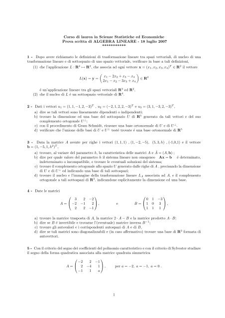 algebra lineare tracce d'esame - Dipartimento di Scienze Economiche