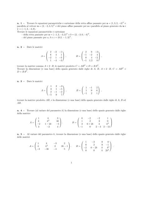 algebra lineare tracce d'esame - Dipartimento di Scienze Economiche