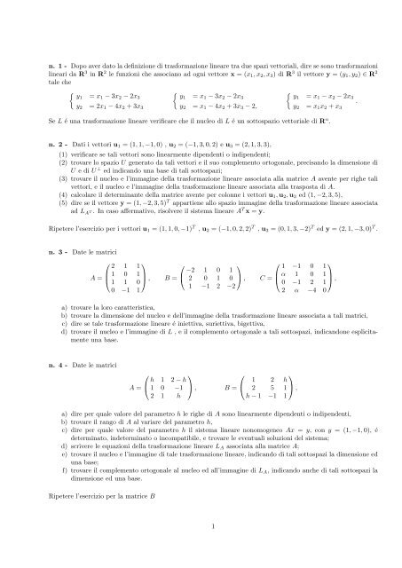 algebra lineare tracce d'esame - Dipartimento di Scienze Economiche