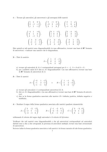 algebra lineare tracce d'esame - Dipartimento di Scienze Economiche