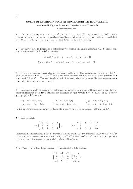 algebra lineare tracce d'esame - Dipartimento di Scienze Economiche