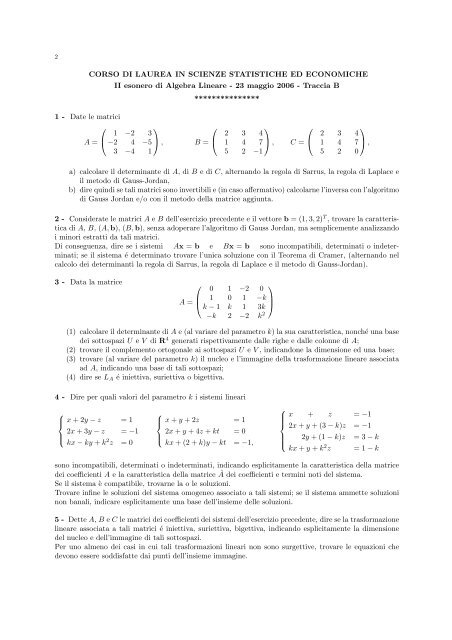 algebra lineare tracce d'esame - Dipartimento di Scienze Economiche