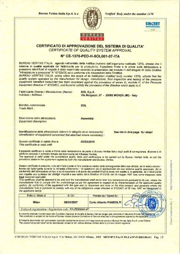 certifica te of quality system approval n° ce-1370-ped-h-soloo1-07-ita