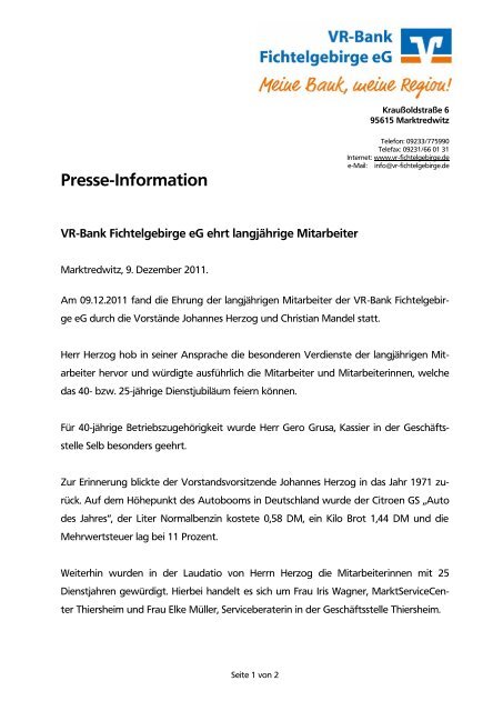 Pressemitteilung - 09.12.2011 - VR-Bank Fichtelgebirge eG