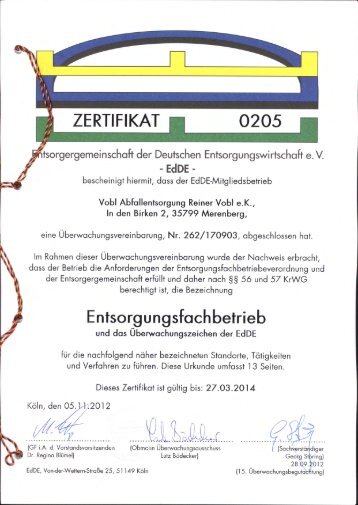 Aktuelles Zertifikat - Entsorgung Vobl