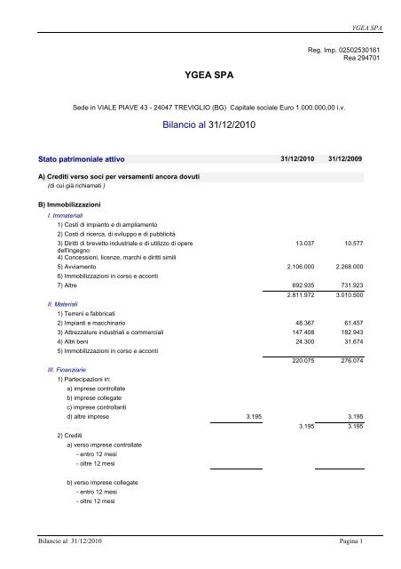 YGEA SPA Bilancio al 31/12/2010 - Comune di Treviglio