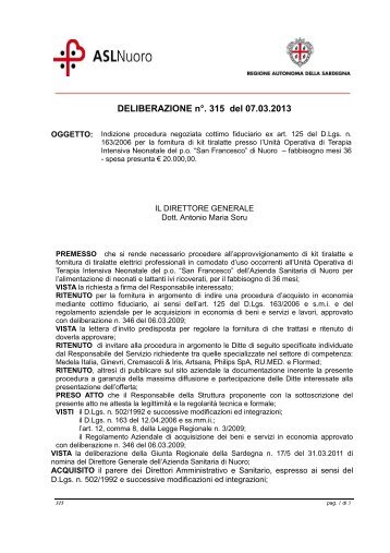 DELIBERAZIONE n°. 315 del 07.03.2013 - Asl Nuoro