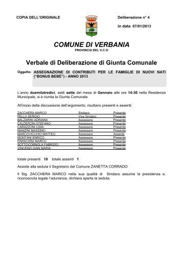 (“bonus bebè”) - anno 2013 - Comune di Verbania