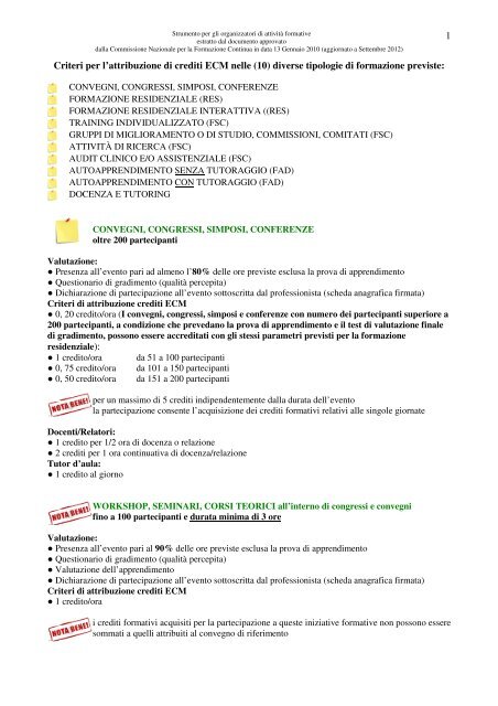 1 Criteri per l'attribuzione di crediti ECM nelle (10) diverse tipologie ...