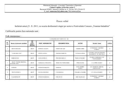 Proces verbal - Clubul Copiilor Sector 2