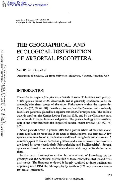 The Geographical and Ecological Distribution of Arboreal Psocoptera